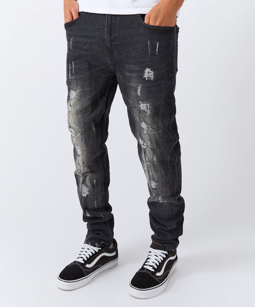 Crinkle Wash Distressed Skinny Jeans - Black
