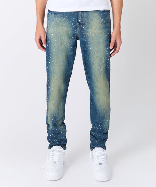Starburst Rhinestone Distressed Skinny Jeans - Dark Blue