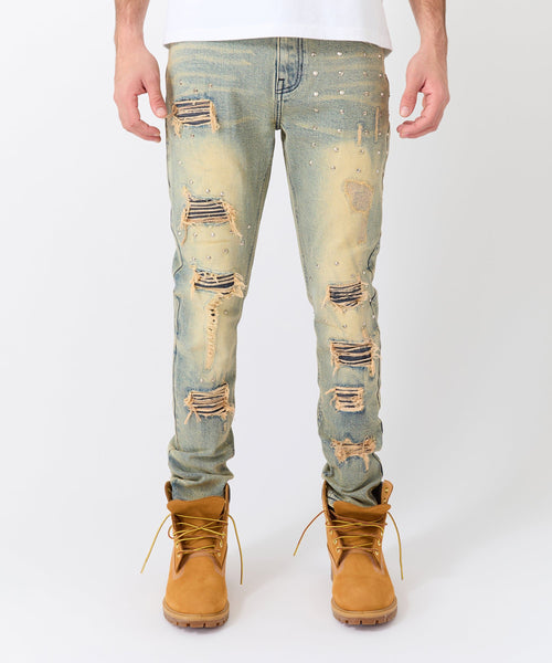 Ladder Distressed Studded Skinny Jean - Blue