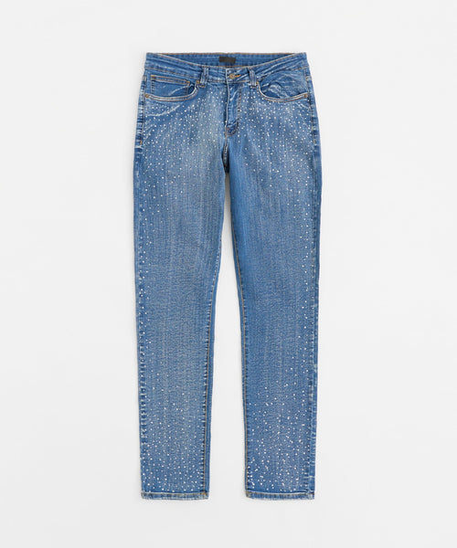 Stoned Out Rhinestone Denim Skinny Jeans - Light Blue