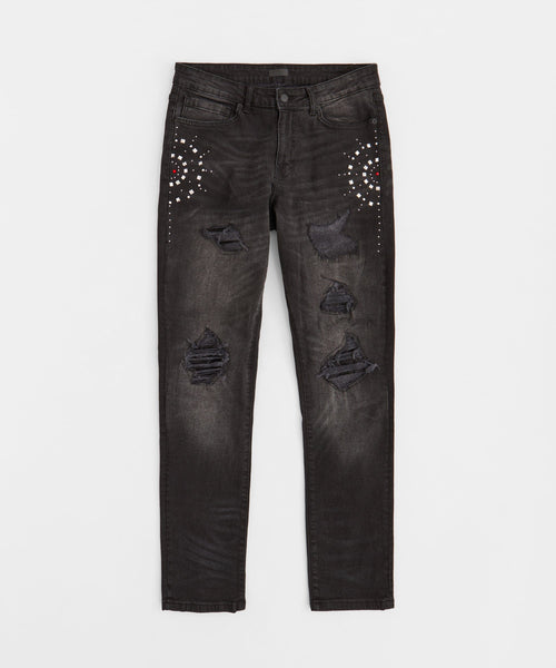 Starburst Rhinestone Distressed Skinny Jeans - Black