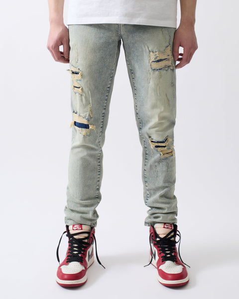 Panel Distressed Skinny Jeans - Blue