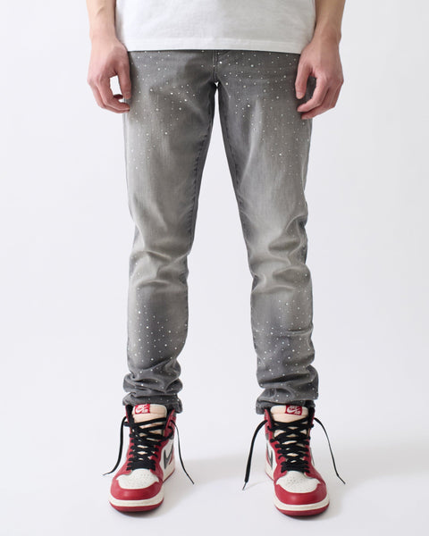 Stoned Out Rhinestone Denim Skinny Jeans - Grey