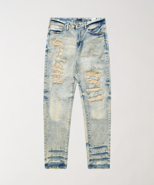 Shredded Moto Distressed Skinny Jeans - Medium Indigo