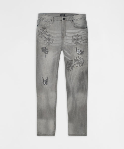 Floral Rhinestone Distressed Skinny Jeans - Black