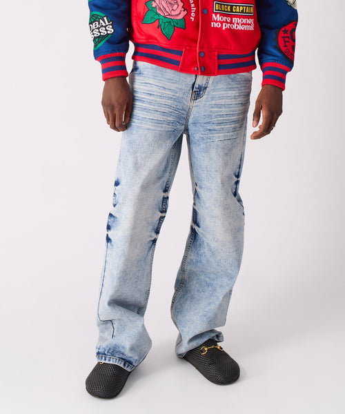 Washed Ripped Denim Pants - Blue