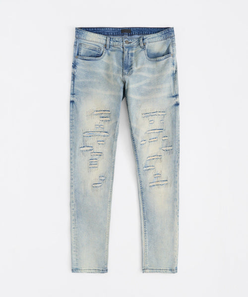 Light Wash Repaired Denim Jeans - Blue