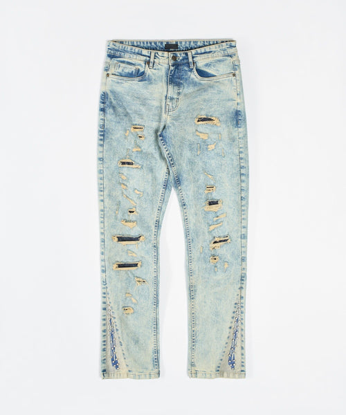 Flare Distressed Rhinestone Skinny Jeans - Light Blue