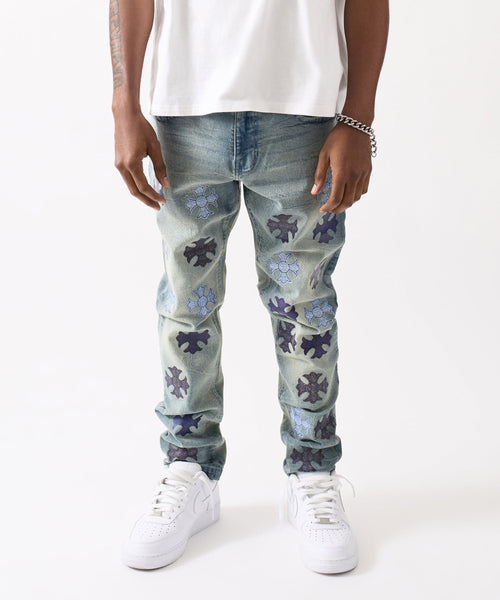 Gothic Cross Denim Pants - Light Blue